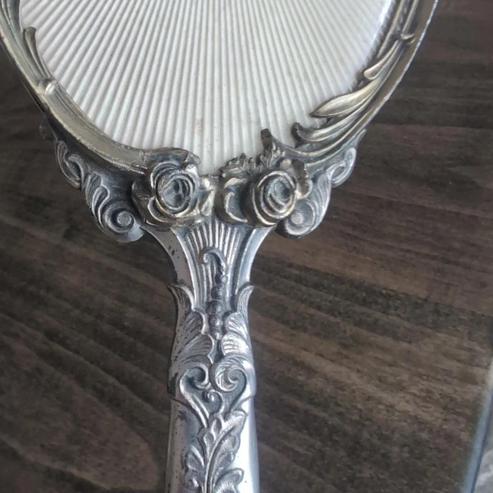Large Vintage Art Nouveau Hand Mirror Ornate Rose Floral Silver Gold Tone Vanity